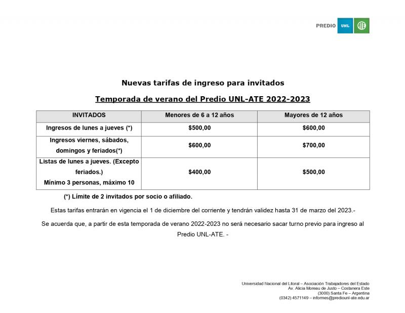 Nuevas tarifas de ingreso para invitados Temporada de verano del Predio UNL-ATE 2022-2023